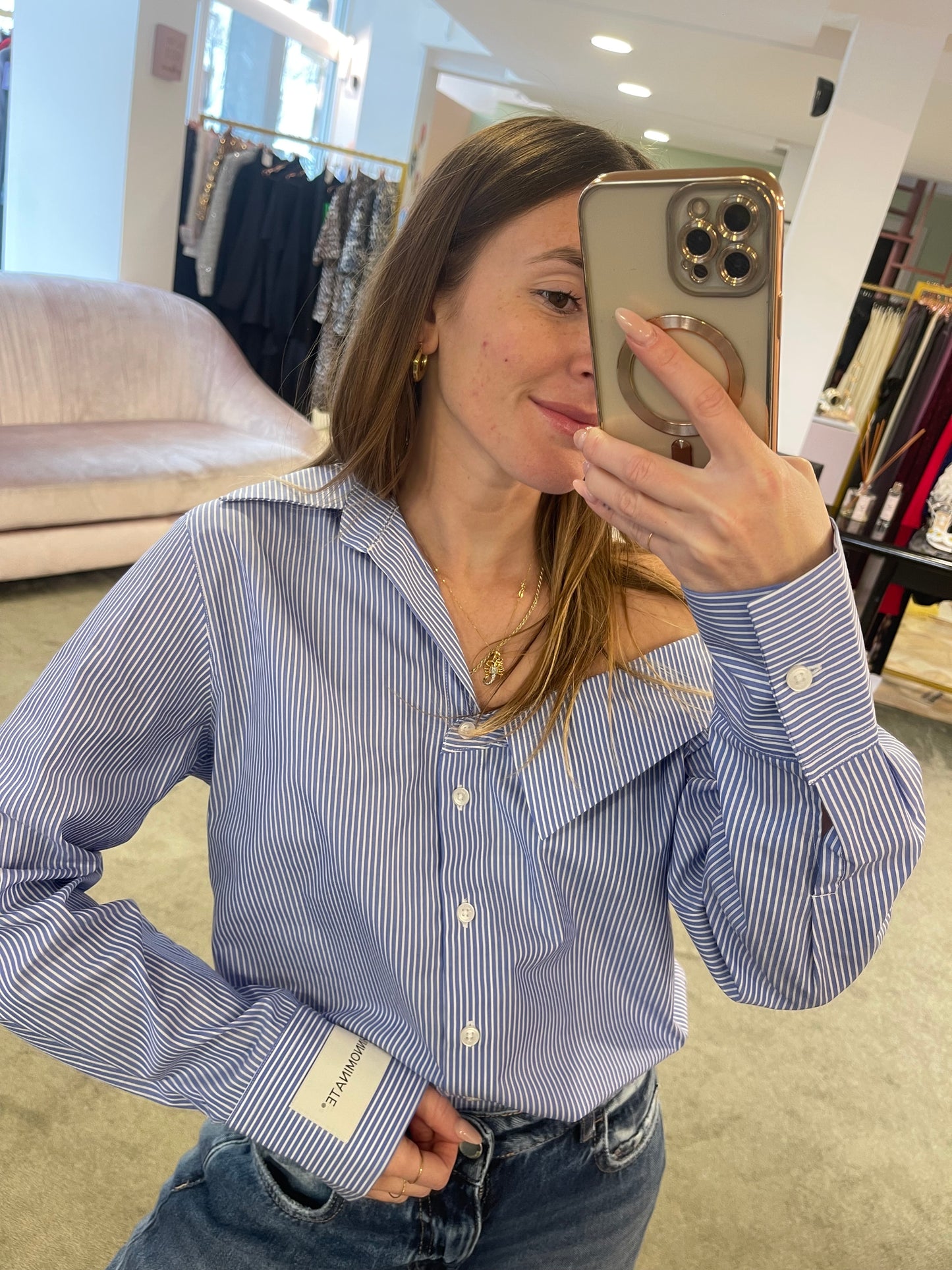 Camicia azzurra a righe con collo asimmetrico hinnominate