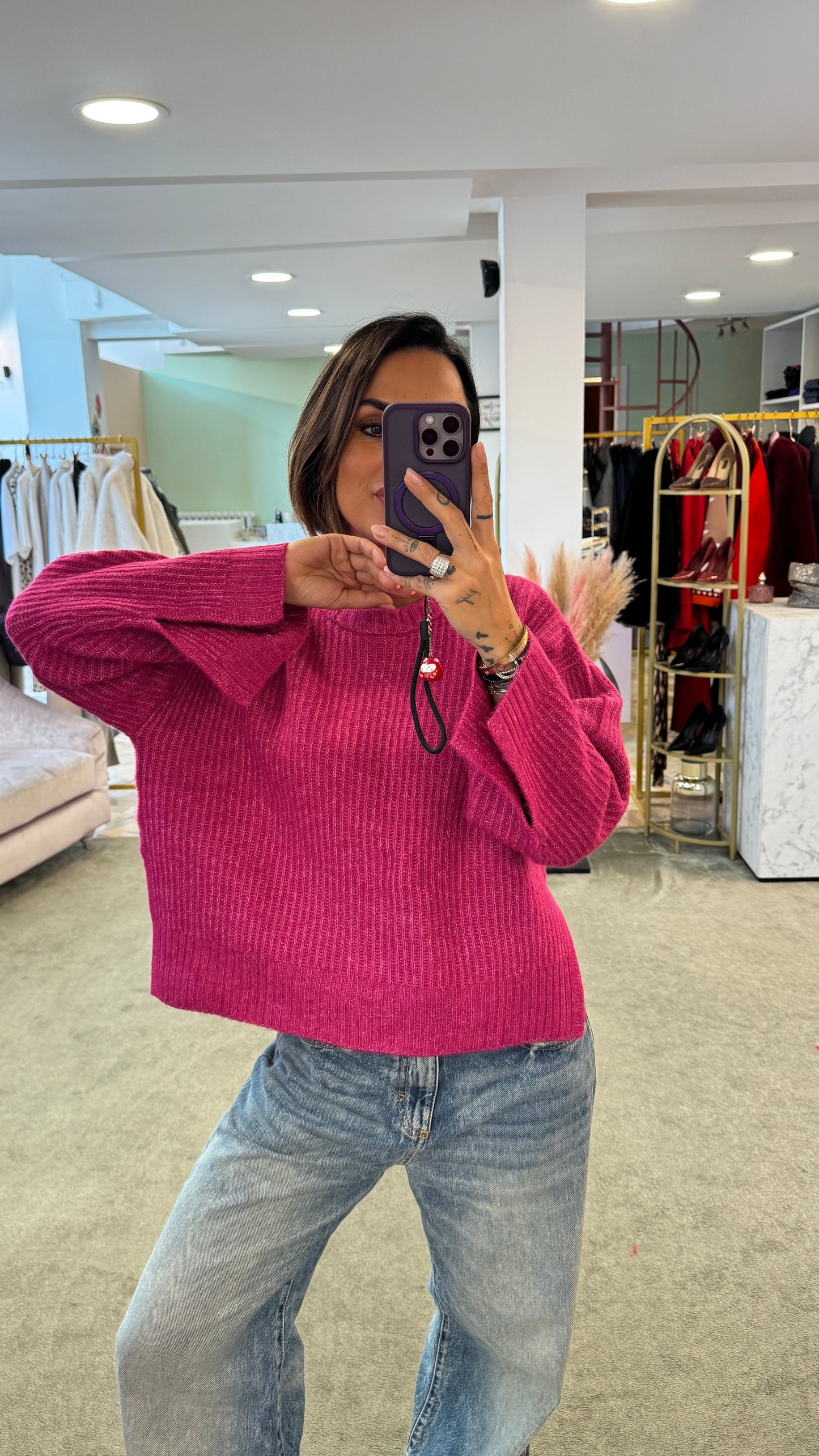 Maglione fucsia girocollo maglia inglese spacchi laterali