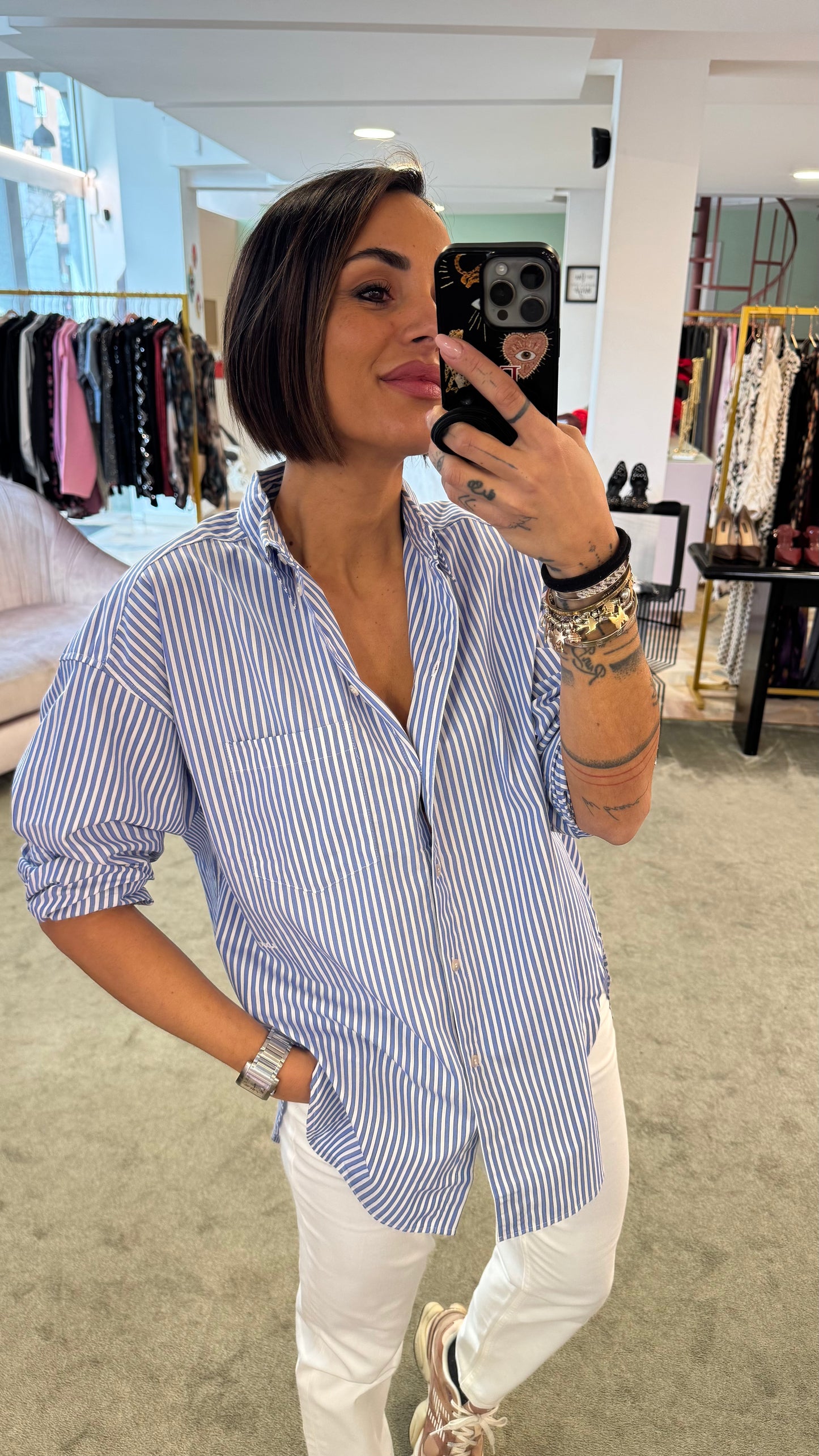 Camicia a righe azzurra e bianca over in cotone jx