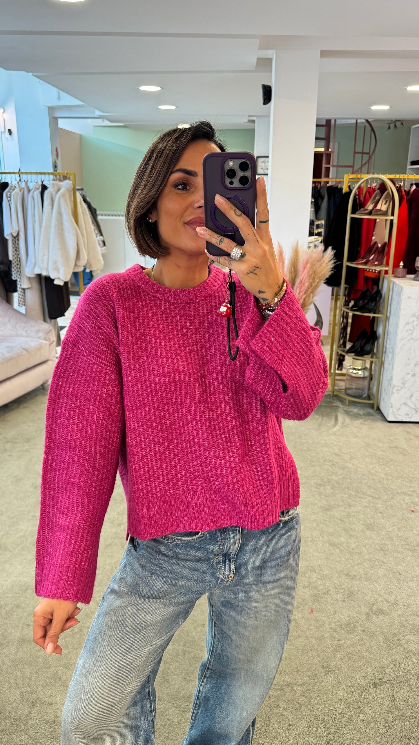 Maglione fucsia girocollo maglia inglese spacchi laterali