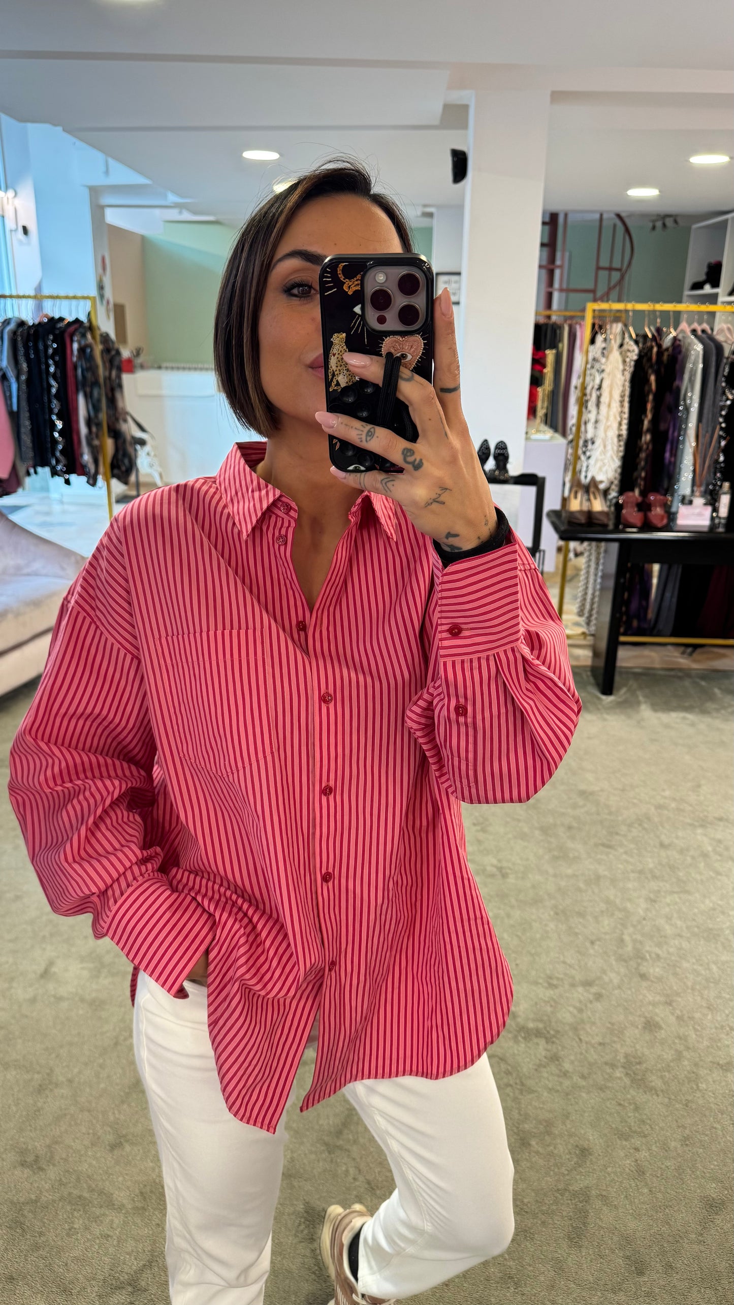 Camicia a righe rosa e rossa over in cotone jx