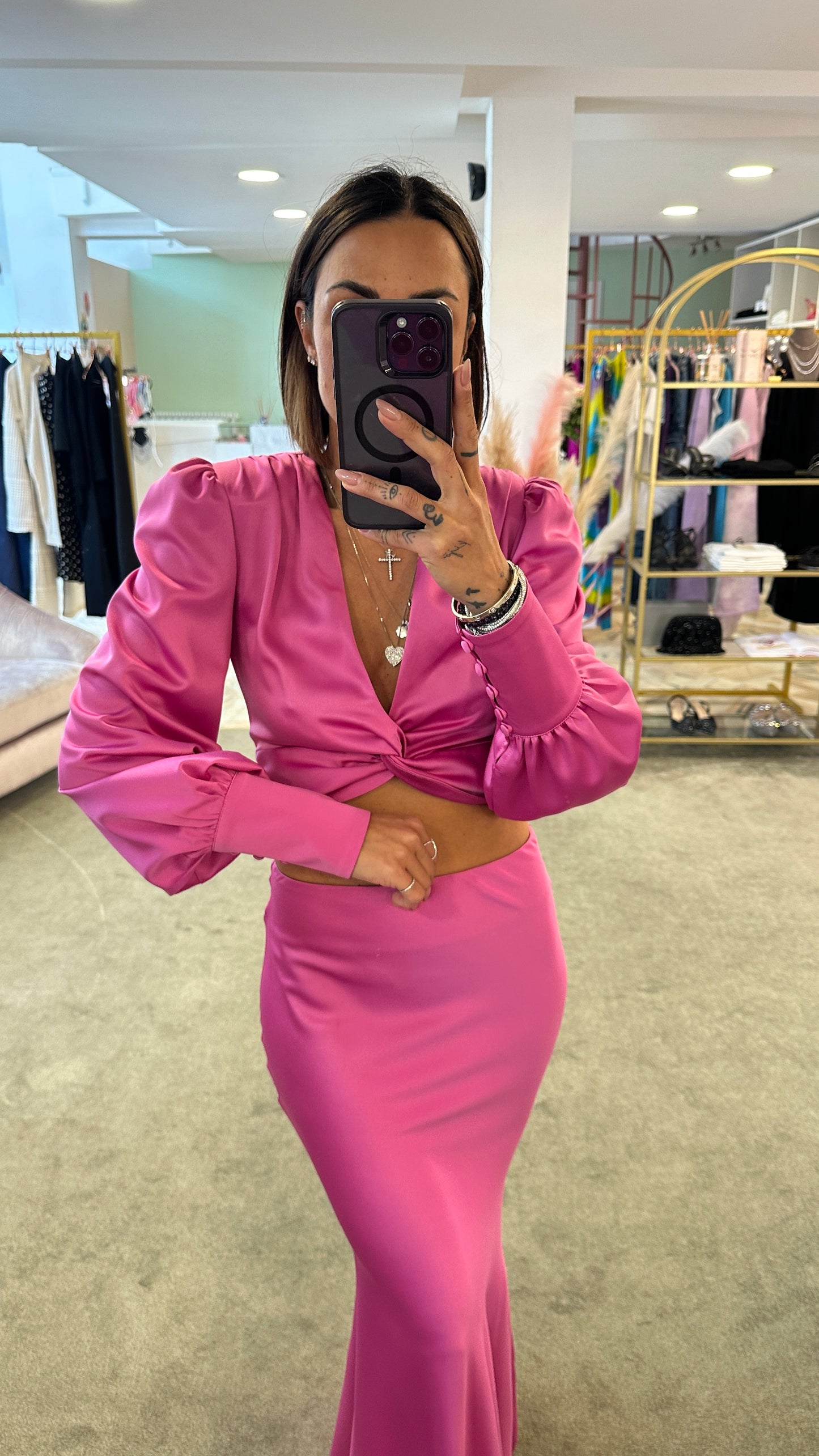 Gonna lunga fucsia in satin actualee