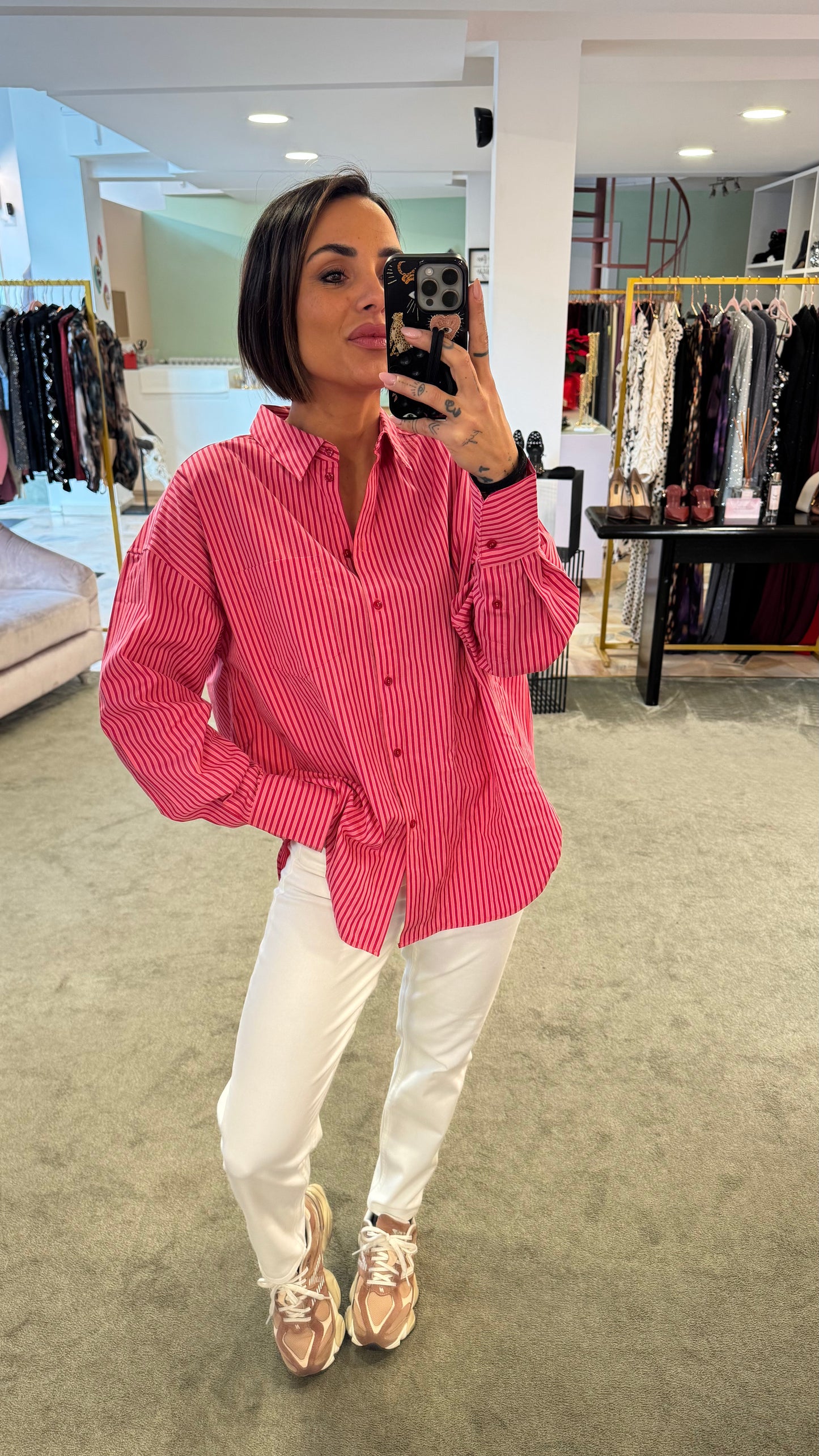 Camicia a righe rosa e rossa over in cotone jx