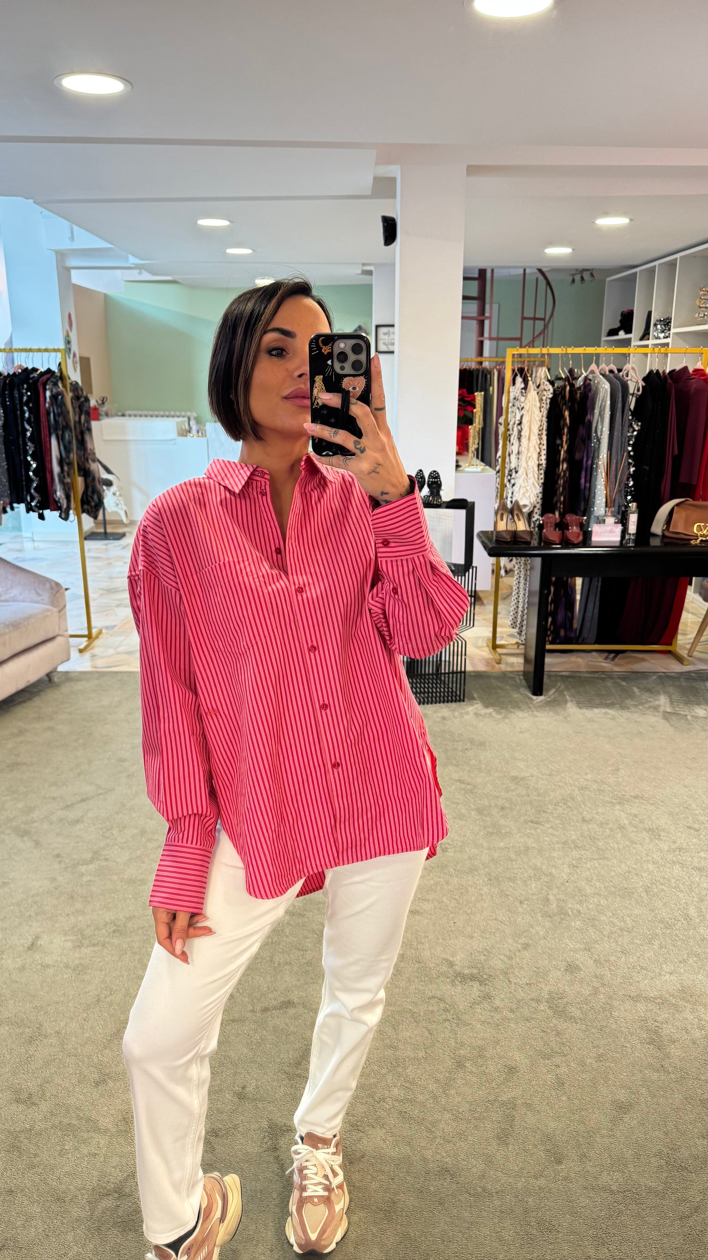 Camicia a righe rosa e rossa over in cotone jx