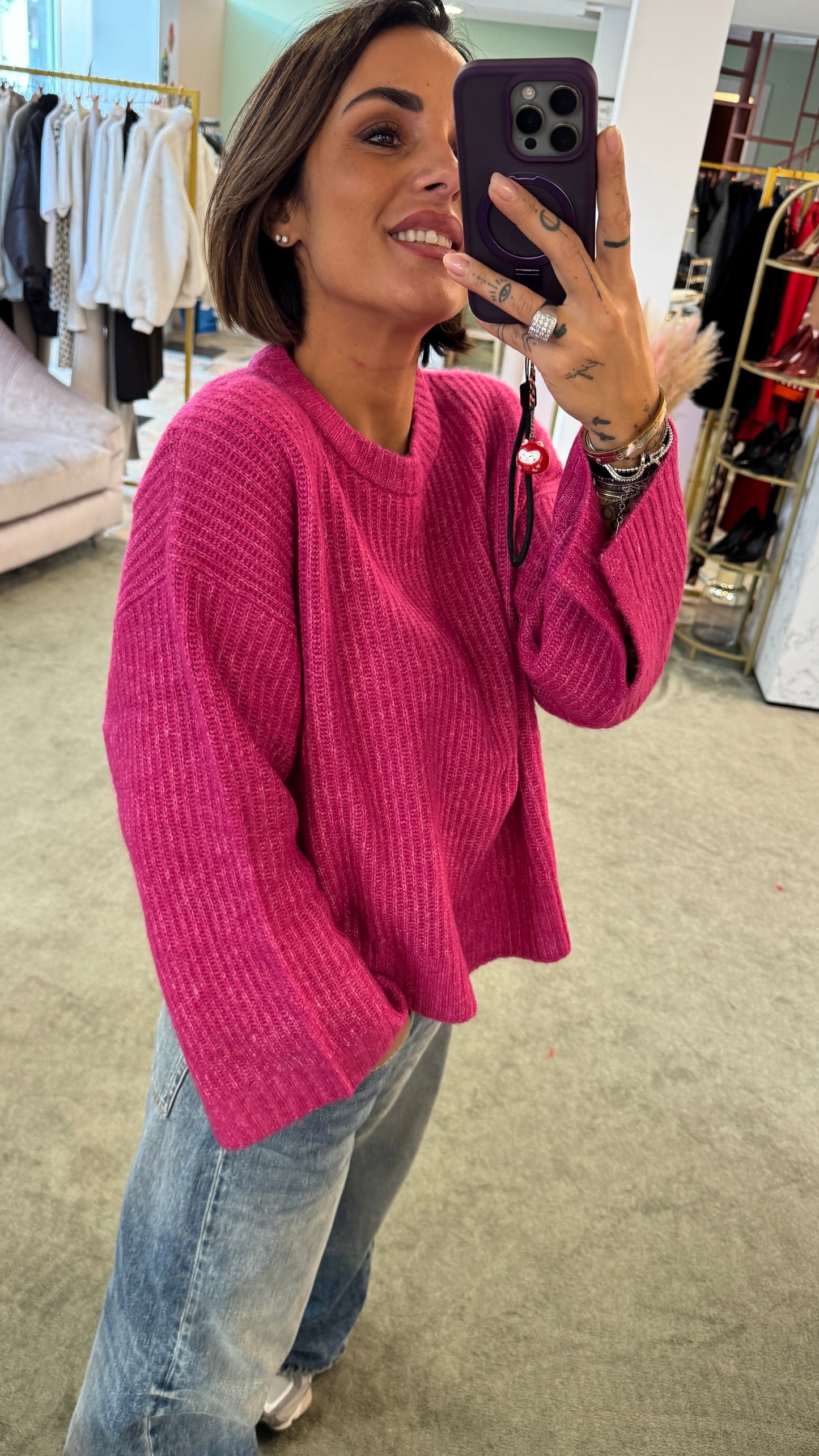 Maglione fucsia girocollo maglia inglese spacchi laterali