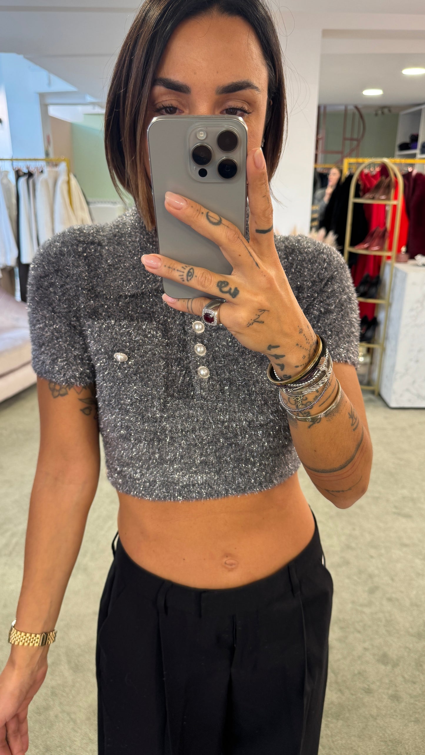 Maglioncino polo crop grigio argento glitter