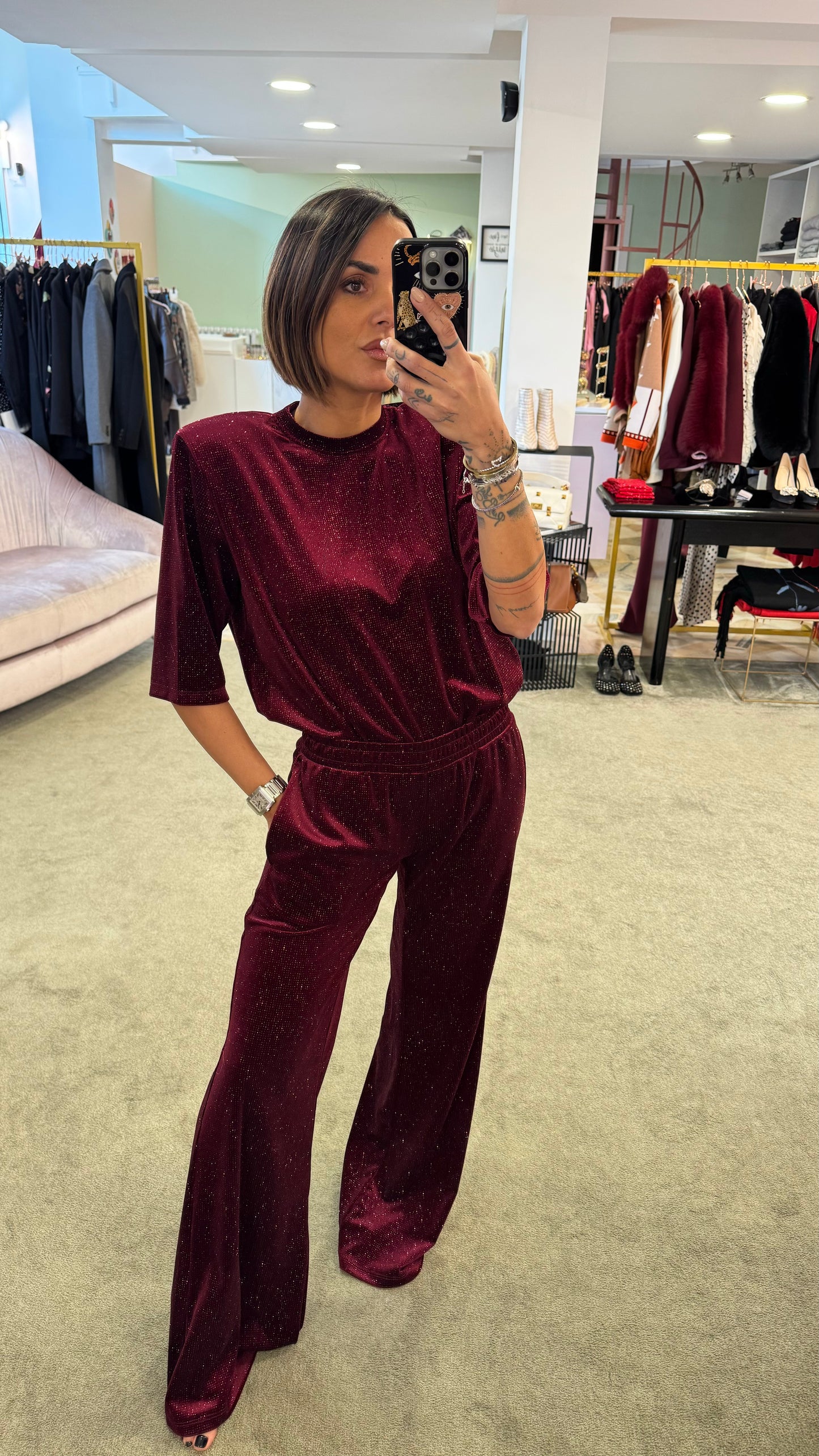 Pantaloni bordeaux glitter in ciniglia a palazzo