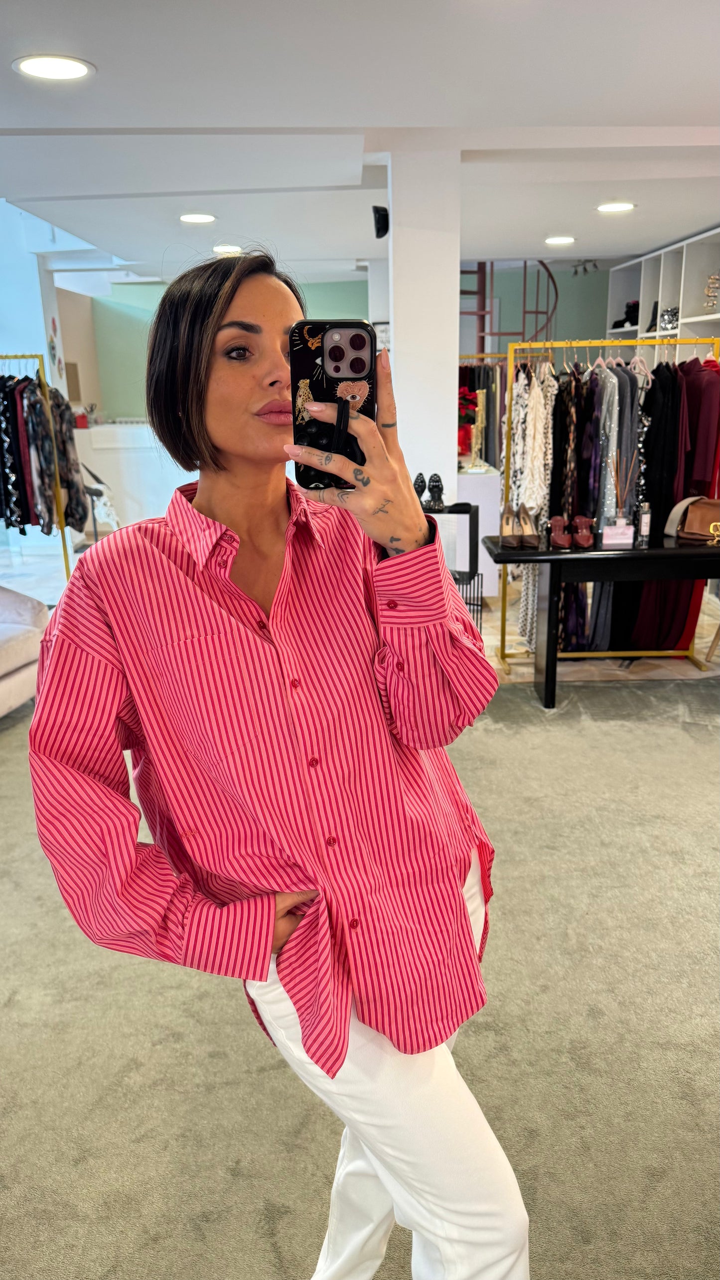 Camicia a righe rosa e rossa over in cotone jx