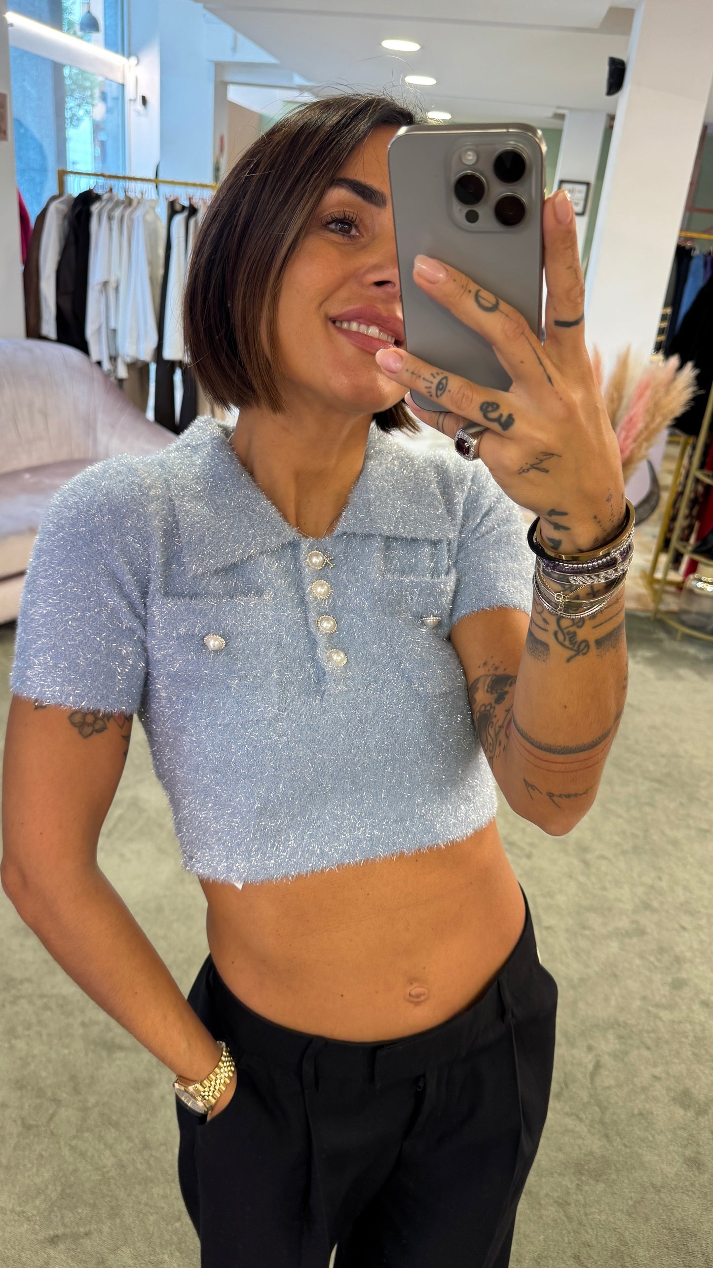 Maglioncino polo crop azzurro glitter