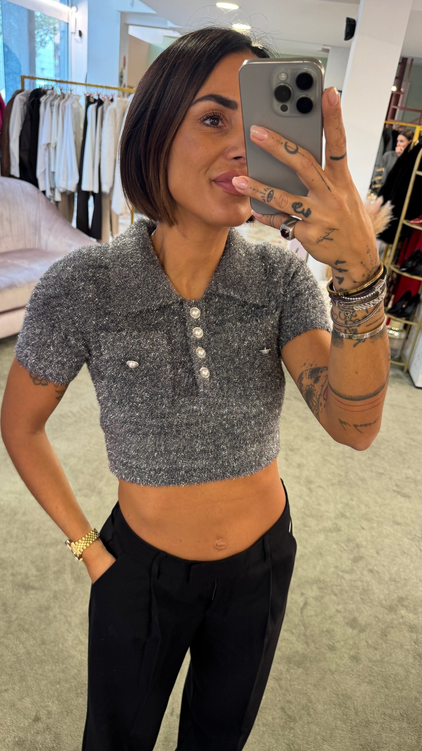 Maglioncino polo crop grigio argento glitter