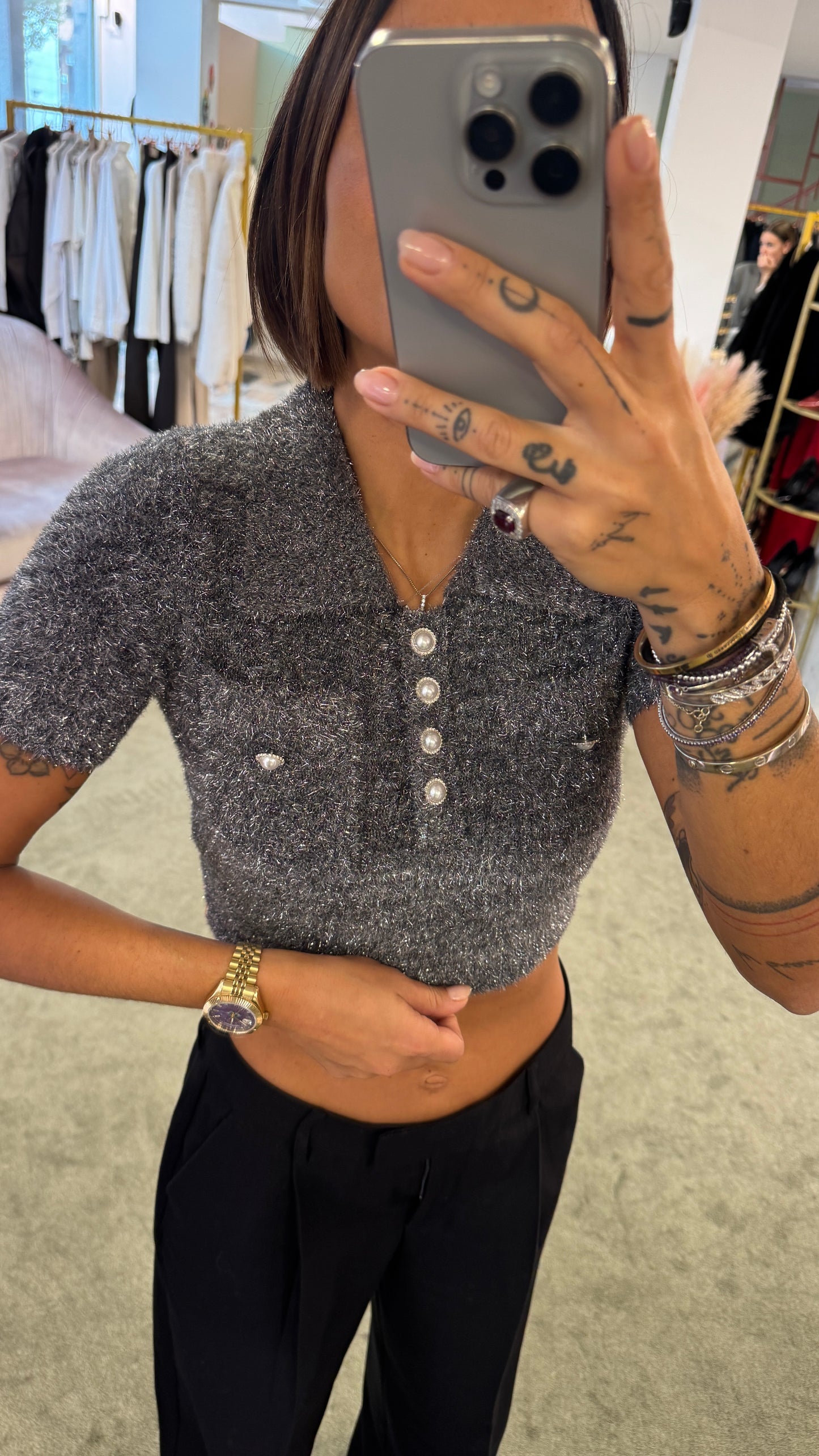 Maglioncino polo crop grigio argento glitter