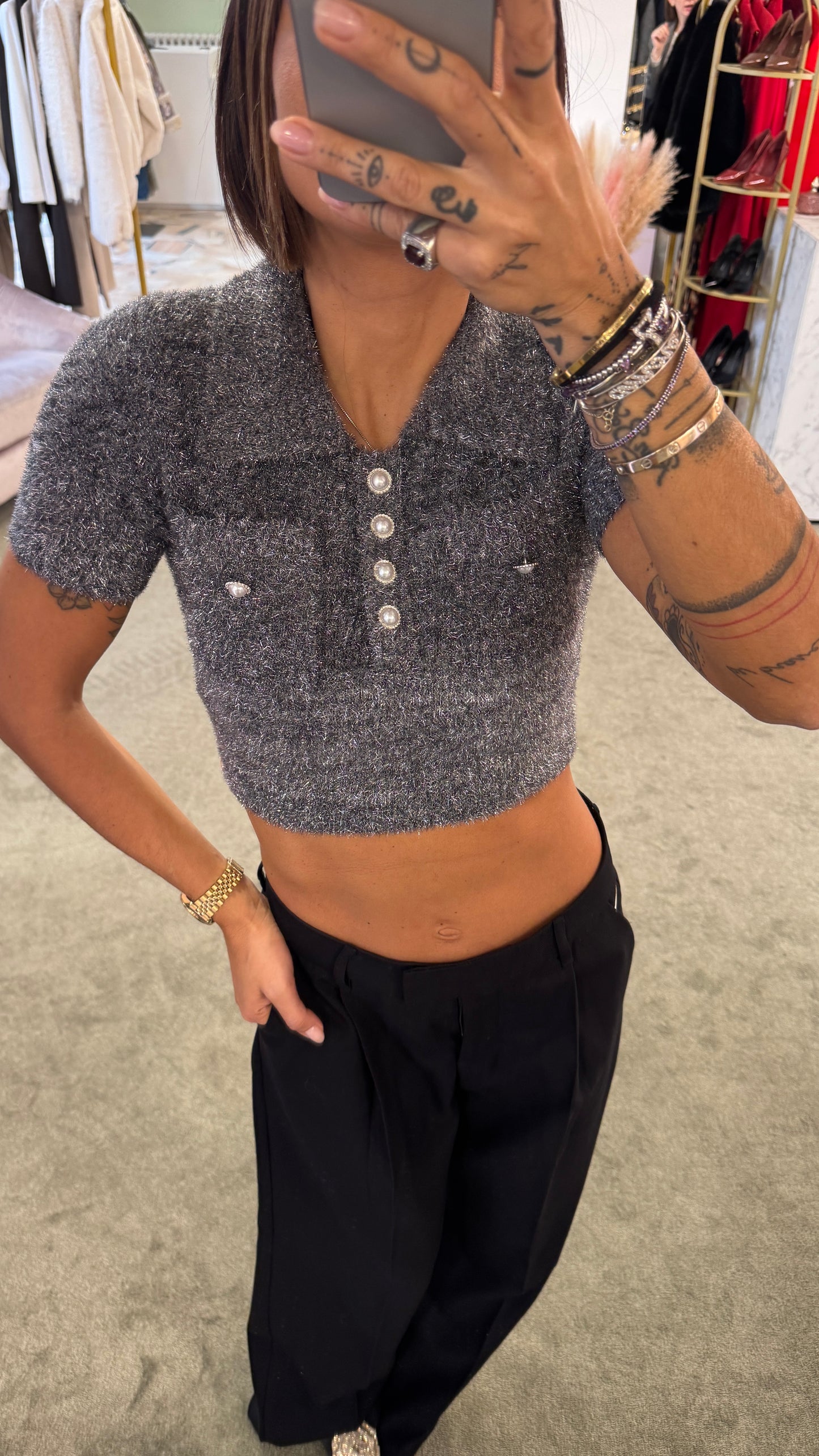 Maglioncino polo crop grigio argento glitter