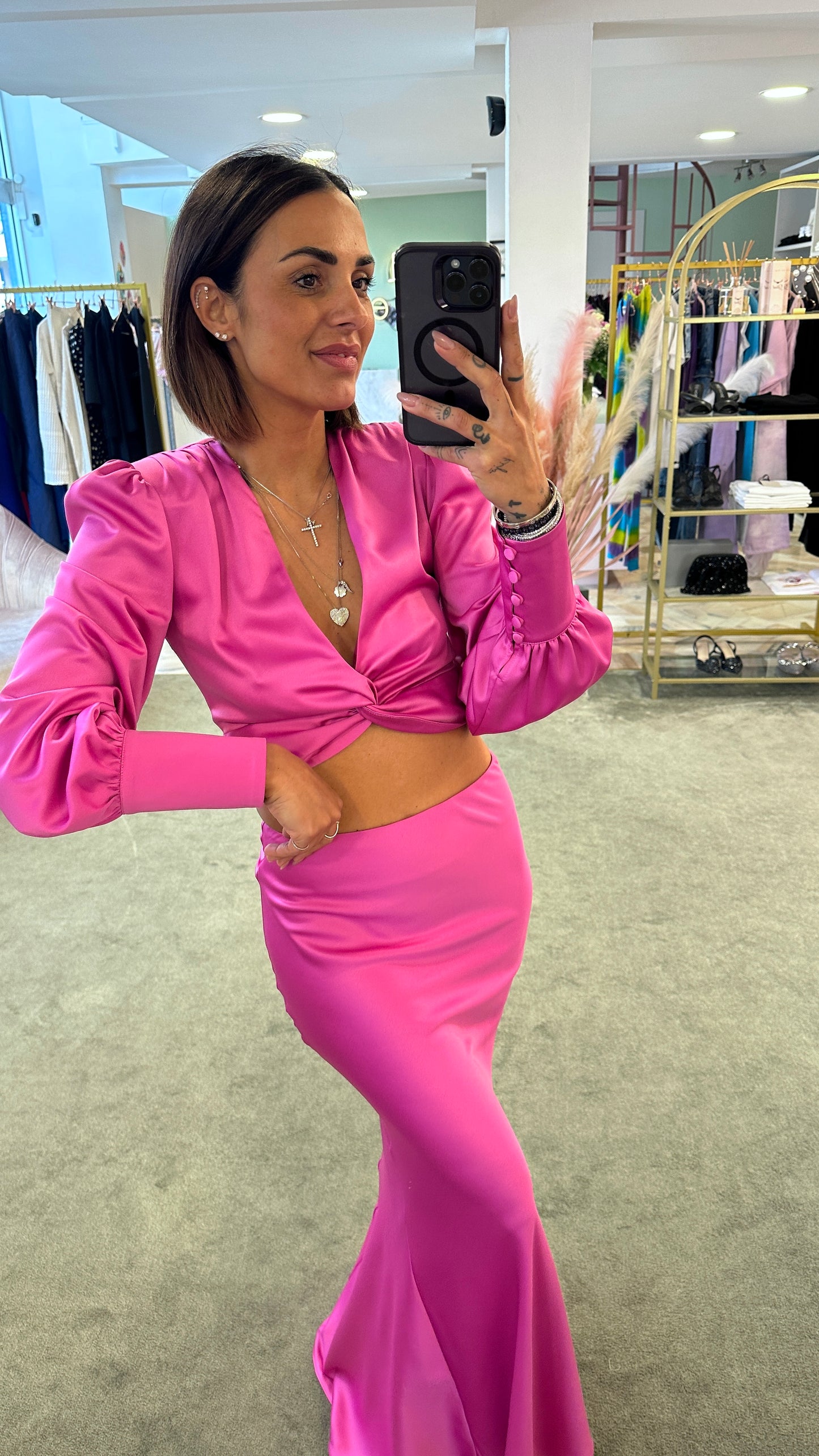 Gonna lunga fucsia in satin actualee