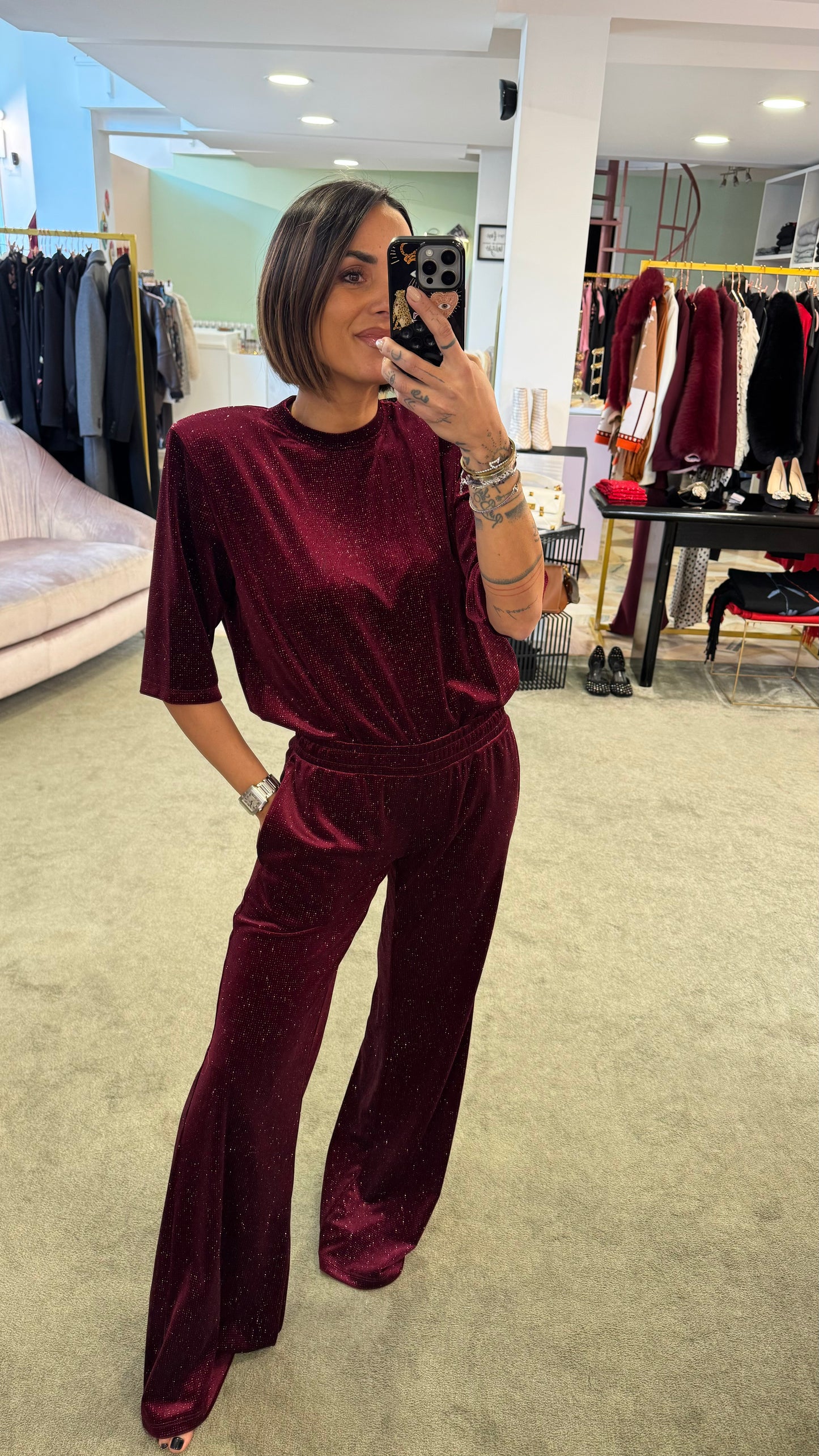 Pantaloni bordeaux glitter in ciniglia a palazzo