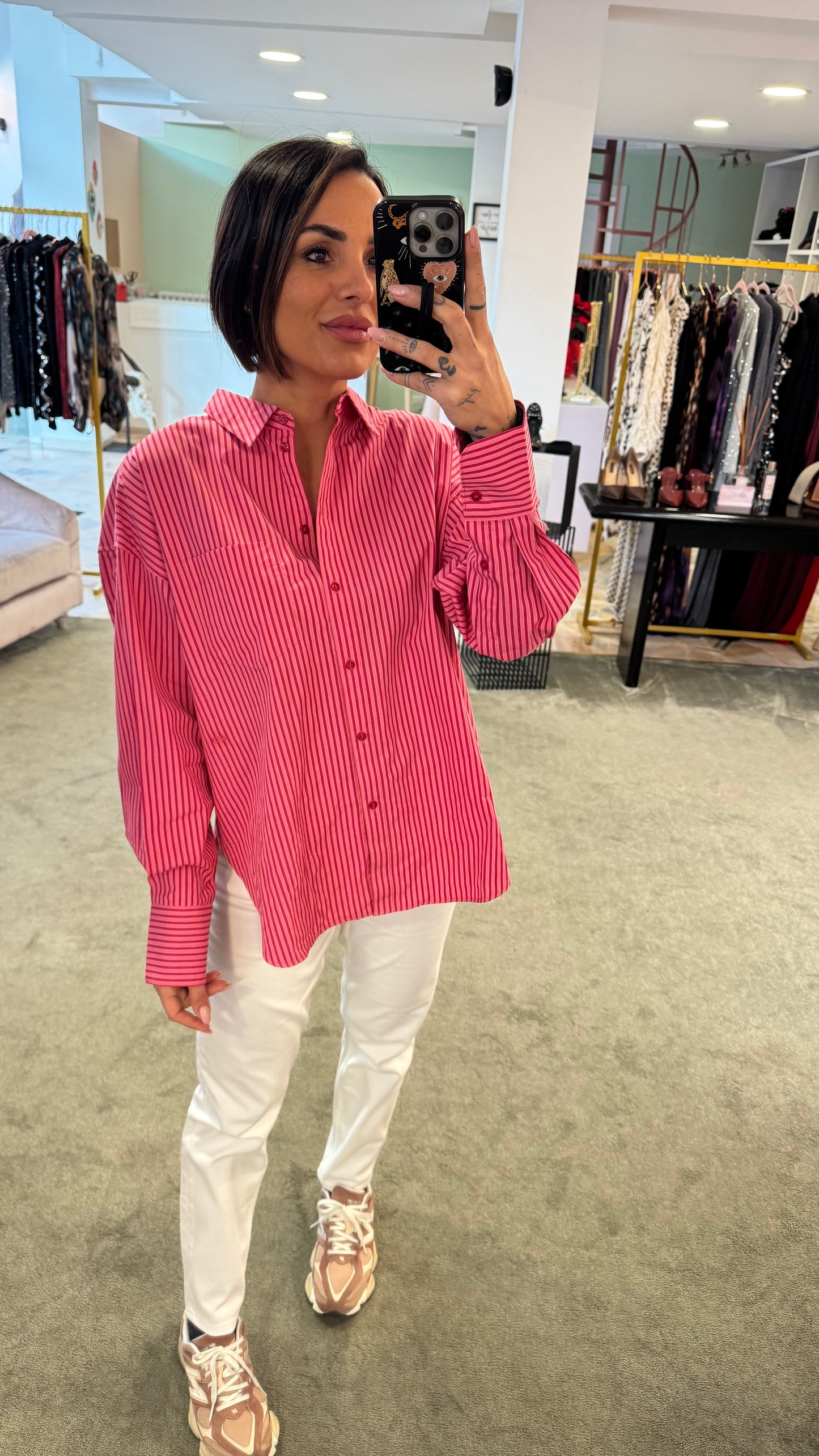 Camicia a righe rosa e rossa over in cotone jx