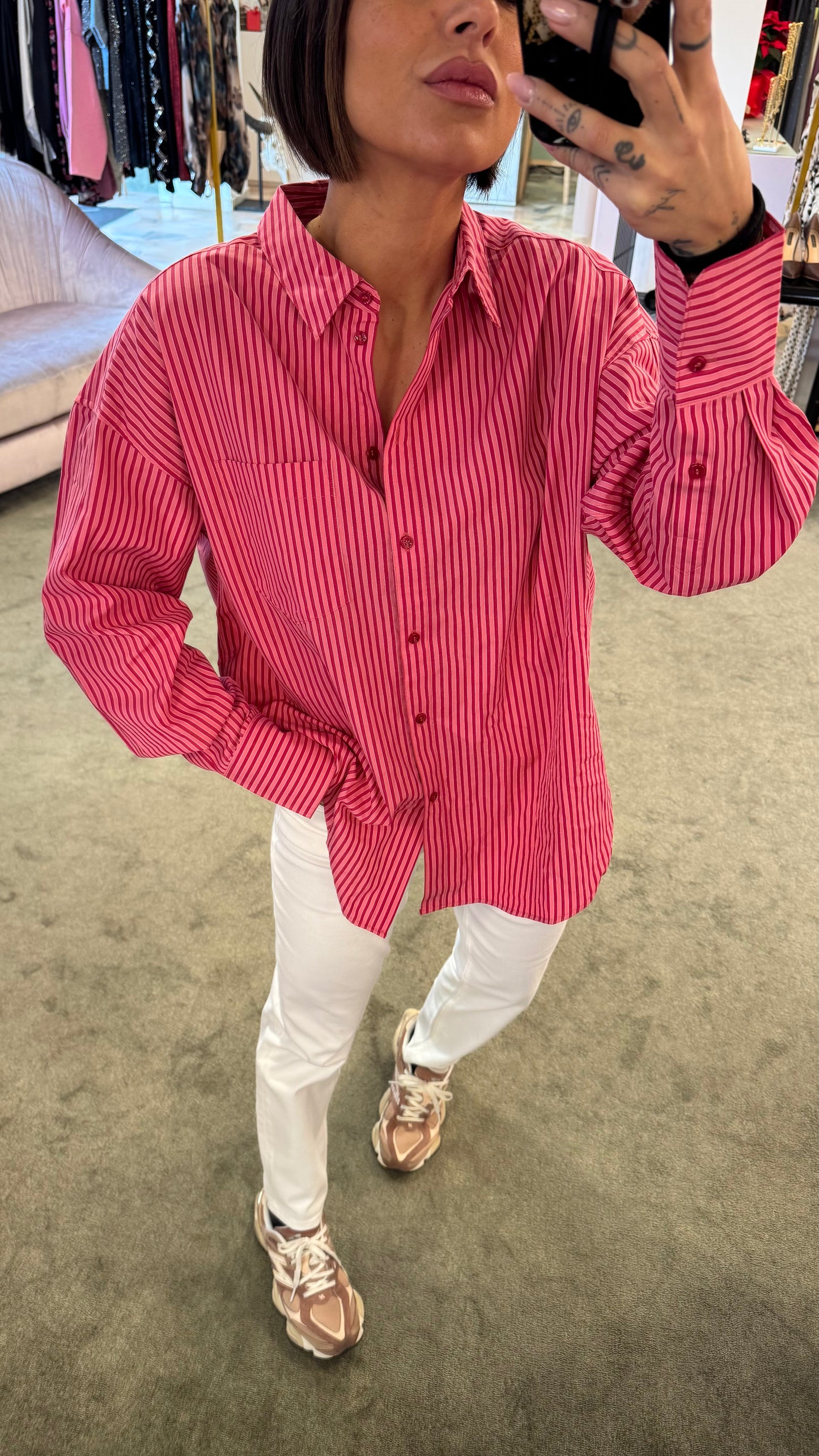 Camicia a righe rosa e rossa over in cotone jx