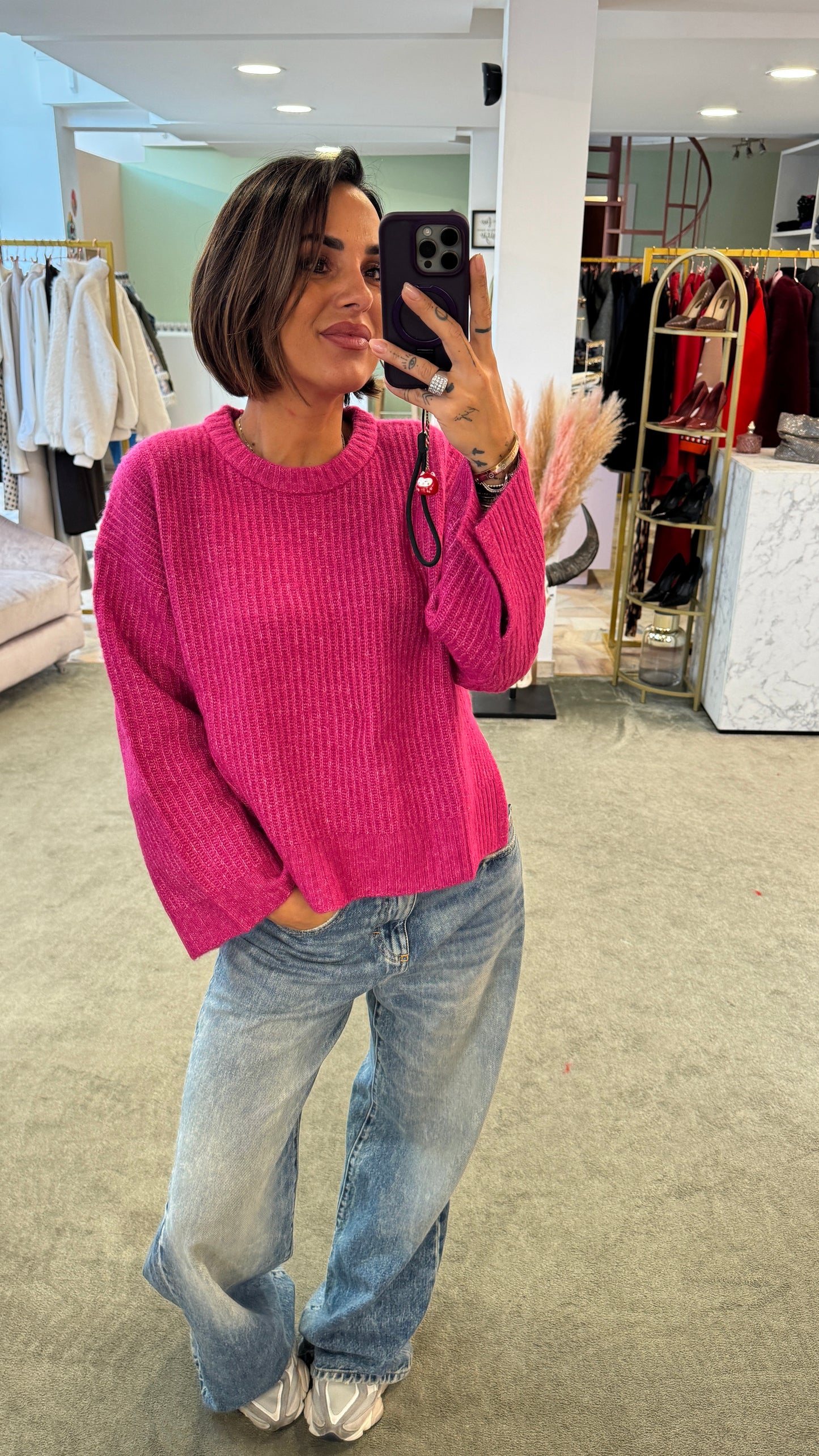 Maglione fucsia girocollo maglia inglese spacchi laterali