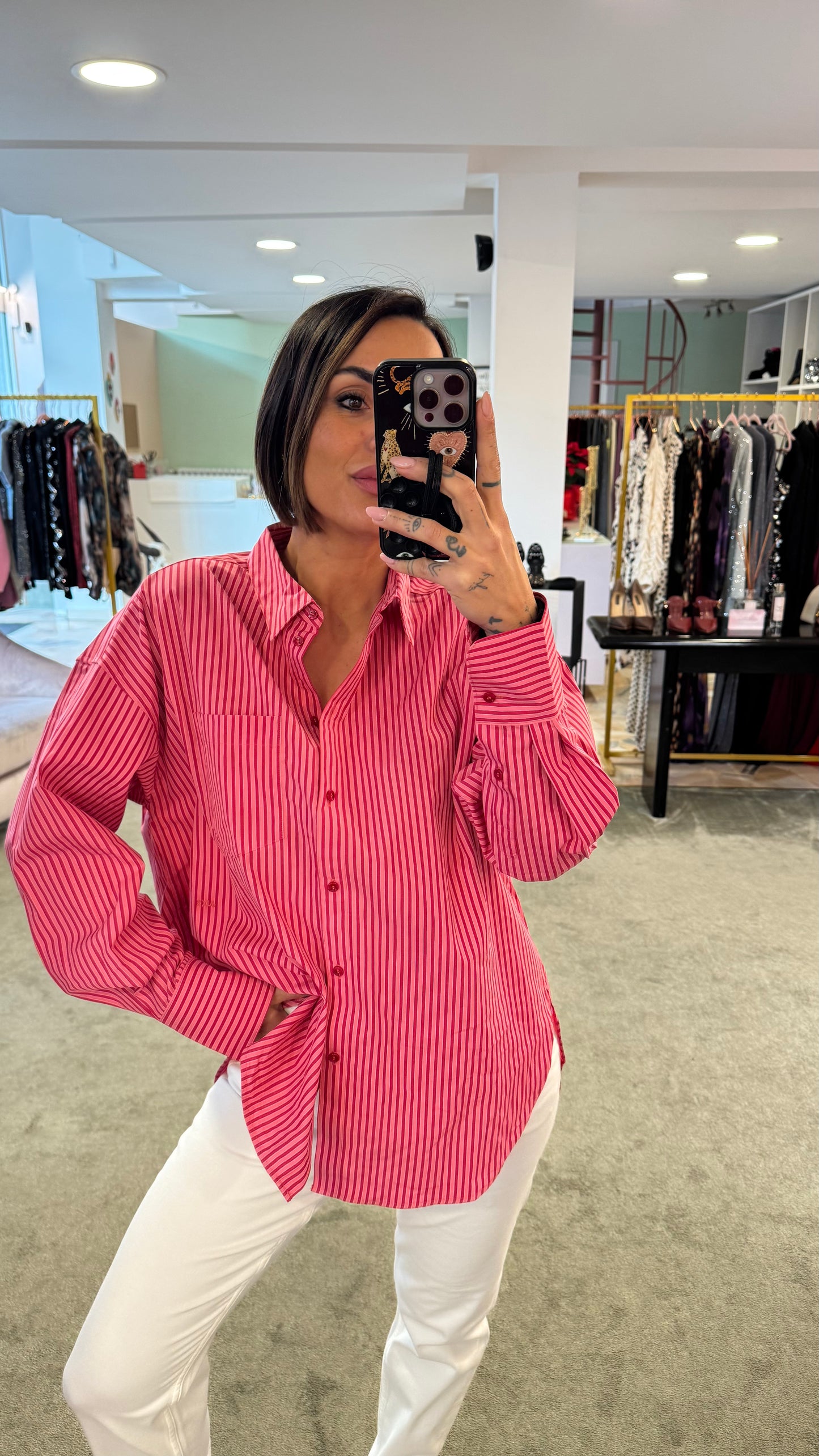 Camicia a righe rosa e rossa over in cotone jx