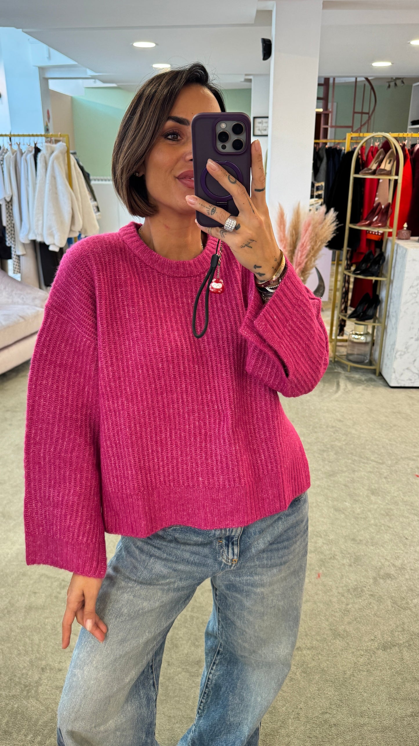 Maglione fucsia girocollo maglia inglese spacchi laterali