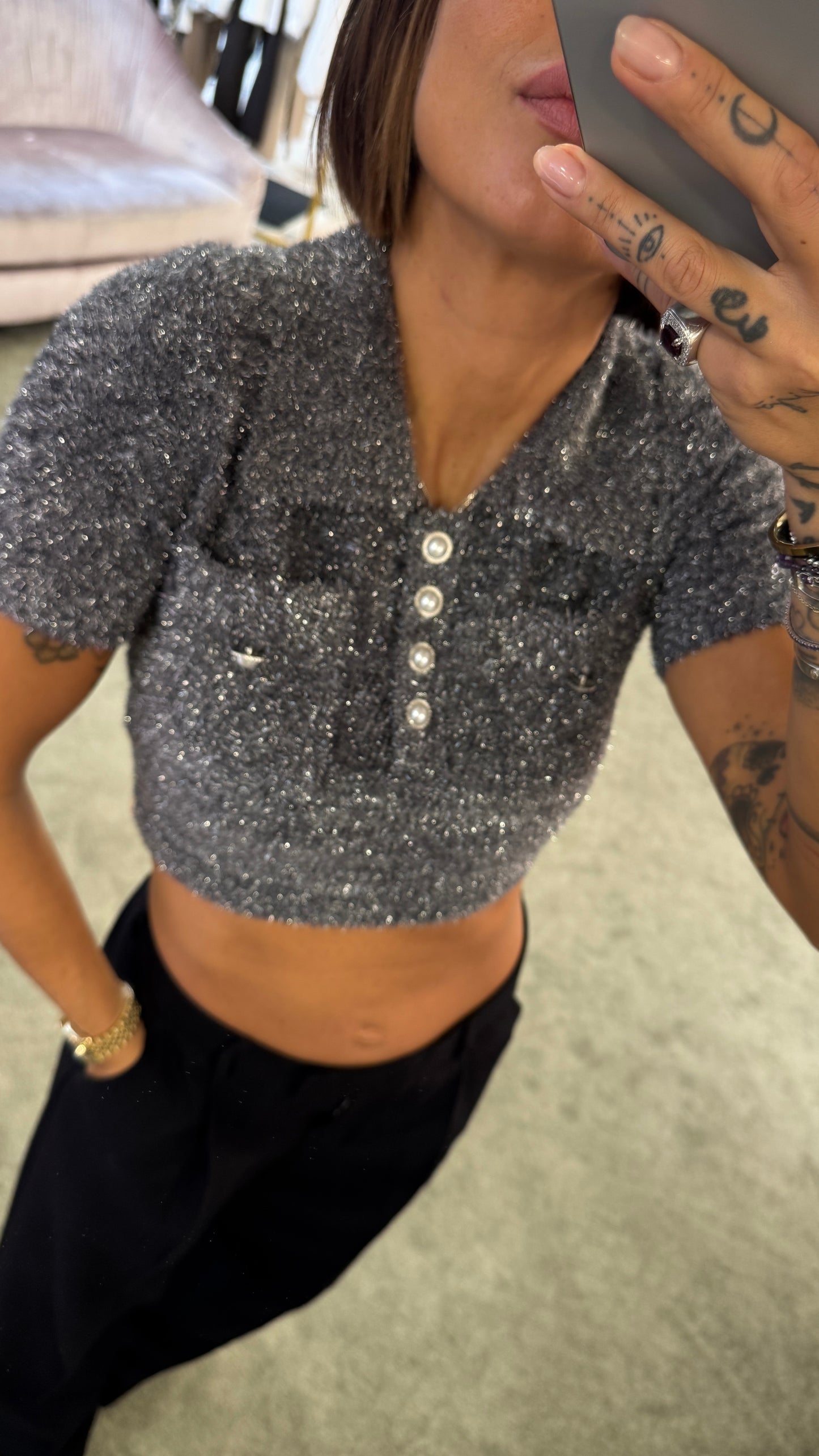 Maglioncino polo crop grigio argento glitter