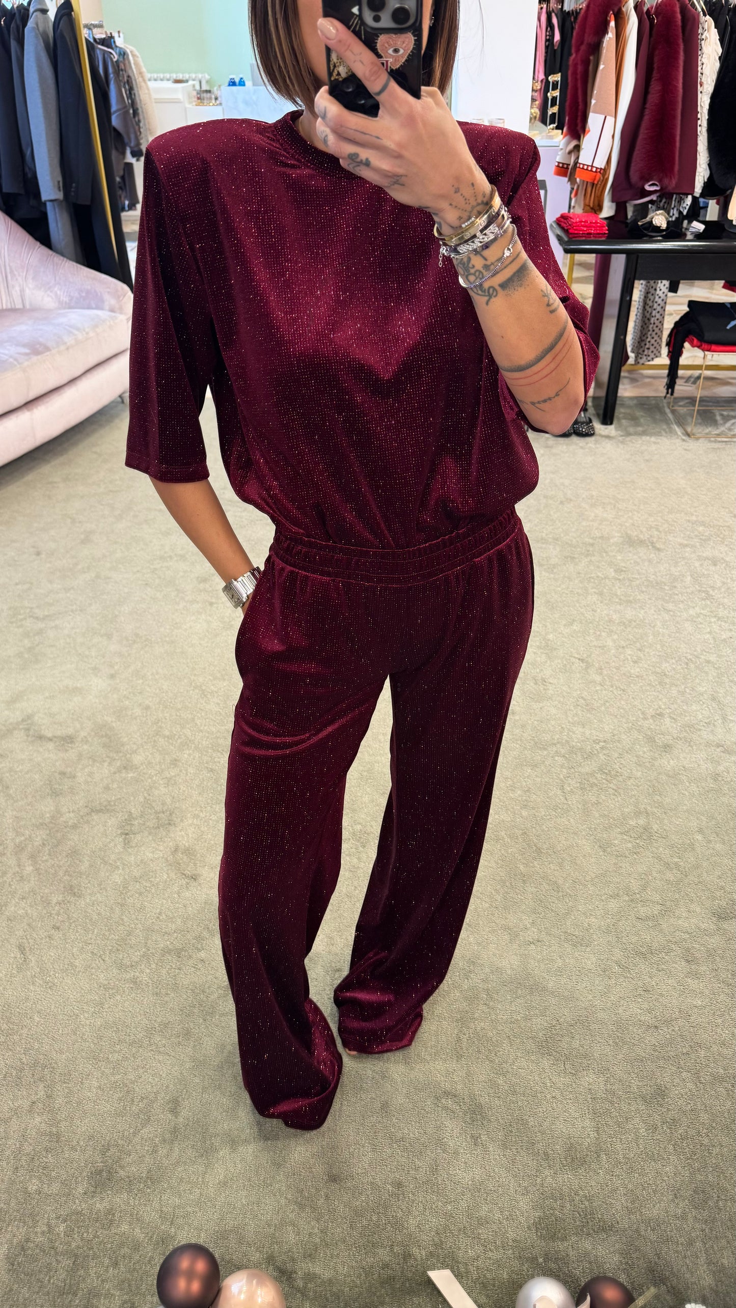 Pantaloni bordeaux glitter in ciniglia a palazzo