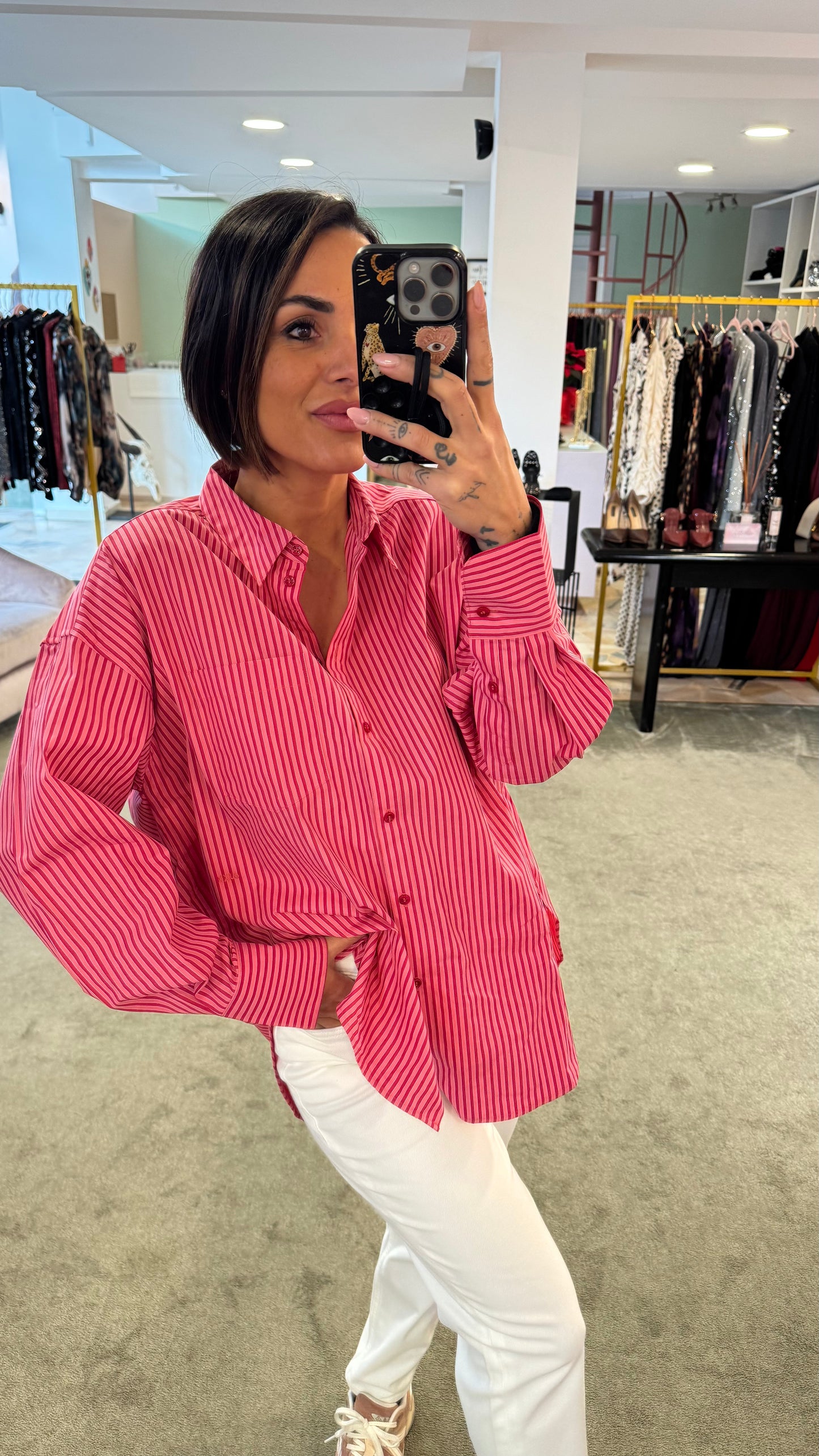 Camicia a righe rosa e rossa over in cotone jx