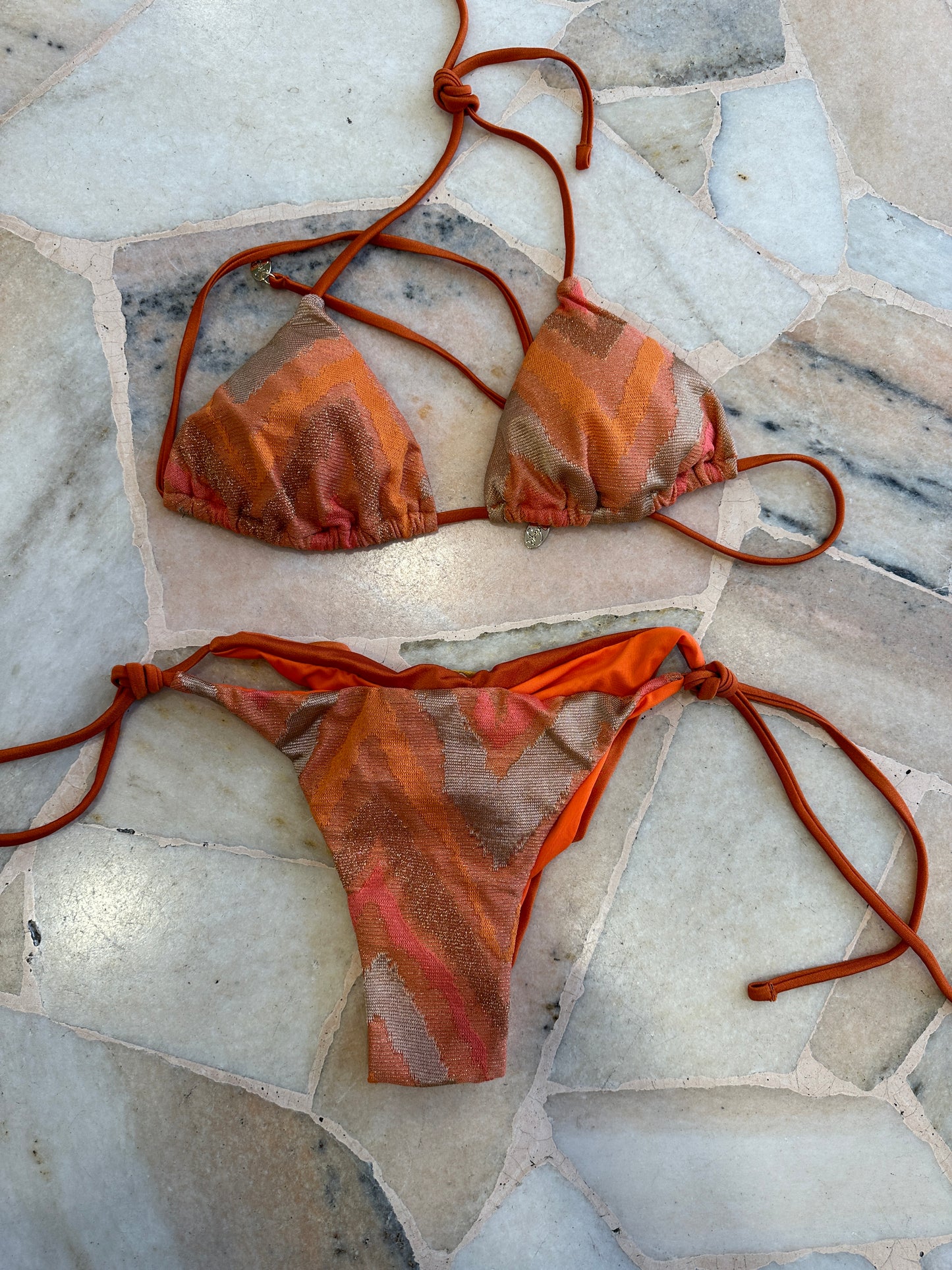 Bikini triangolo fantasia arancio lurex